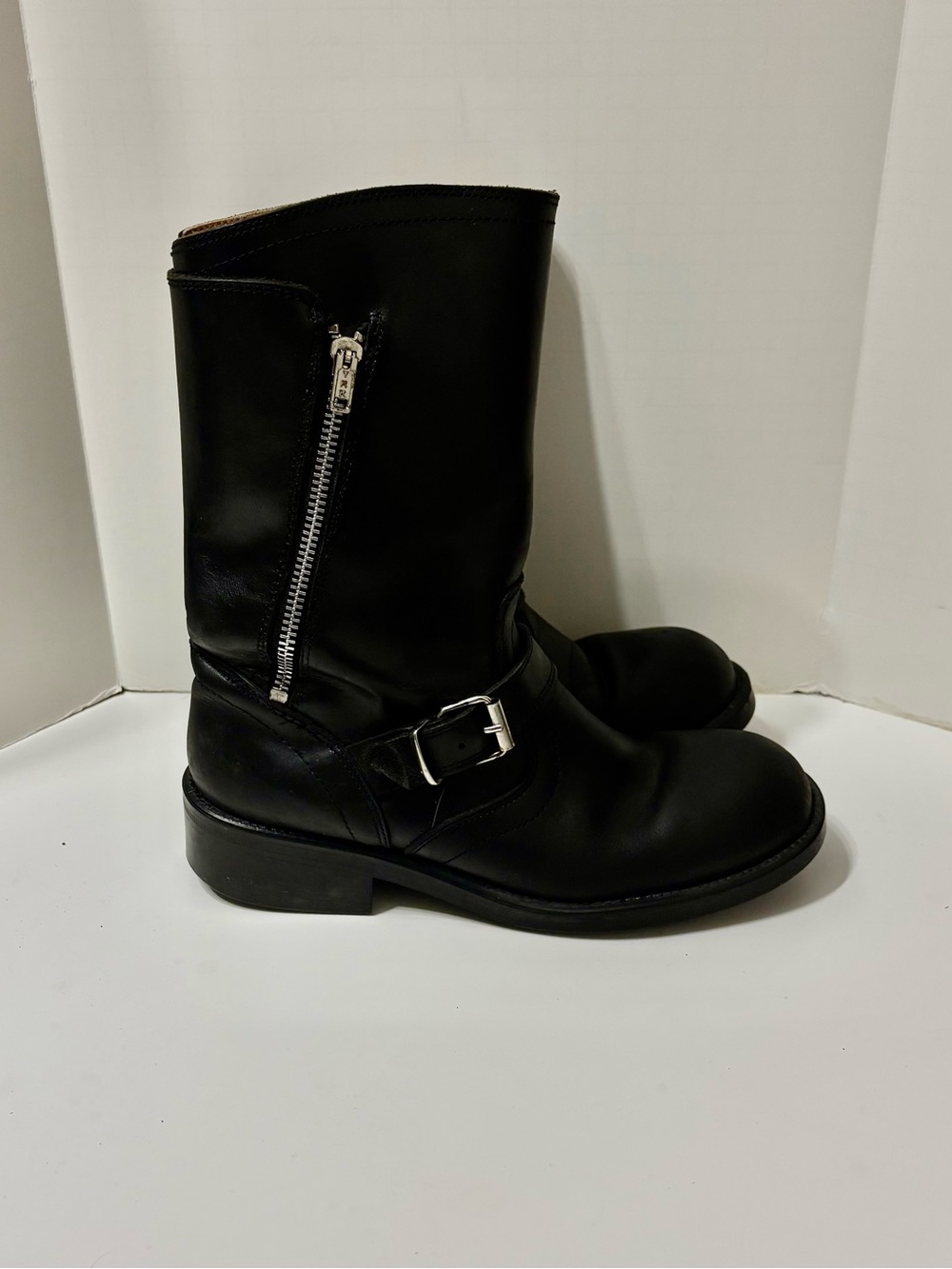 Black Leather Mid-Calf Zip & Buckle Boots - Women